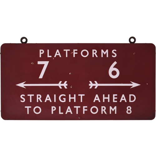 149 - BR(M) station sign, WAY OUT AND TO PLATFORMS 1-5 OVER THE BRIDGE / PLATFORMS 7 (ARROWS) 6 STRAIGHT A... 