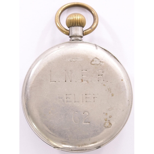 199 - Small pocket watch, LNER RELIEF 62 on the back, Swiss movement, runs when wound.