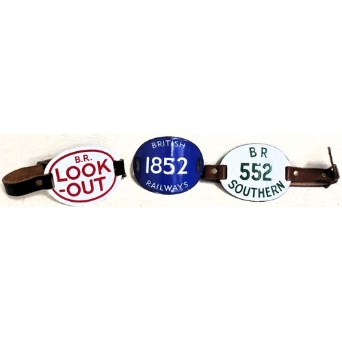 2 - Enamel armbands - BR 552 SOUTHERN, BR LOOK OUT, BRITISH RAILWAYS 1852, all in good condition, two co... 