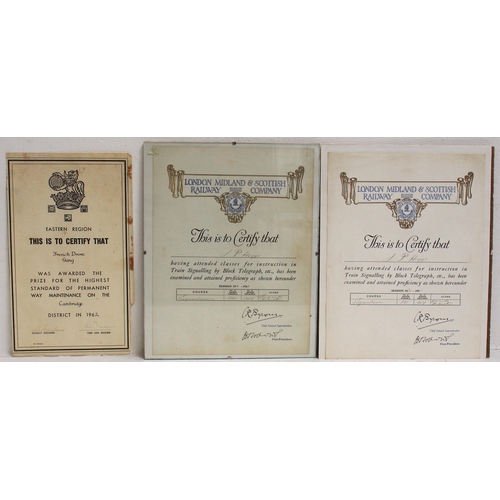 234 - LMS signalling school certificates also BR(E) Prize Length certificate awarded to French Drove Gang,... 