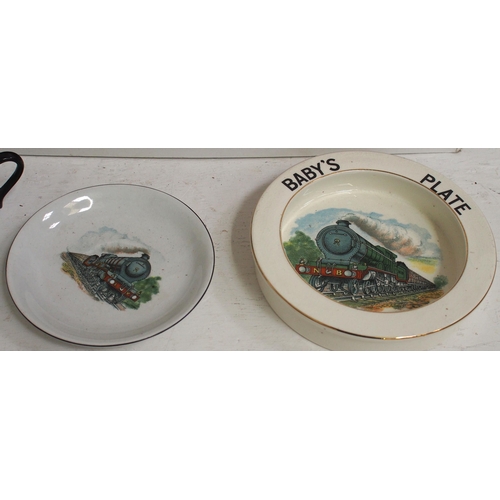 270 - Commemorative china mugs, a child's feeding bowl, and a double sided Hornby advert, on card. (3) (Di... 