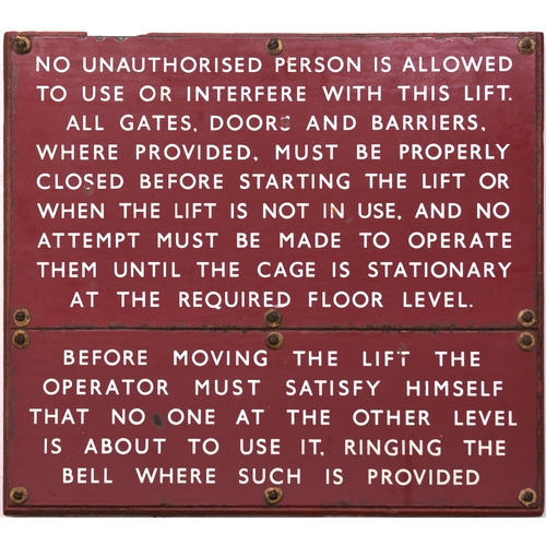 315 - BR(M) lift notice, enamel, a two-part sign on original backboard, overall 19