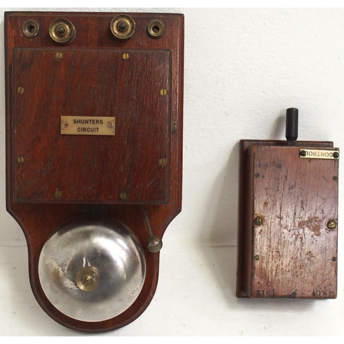 328 - Wall mounted bell with ivorine plate, SHUNTERS CIRCUIT,  wooden case, also a wooden cased, CONTROL, ... 