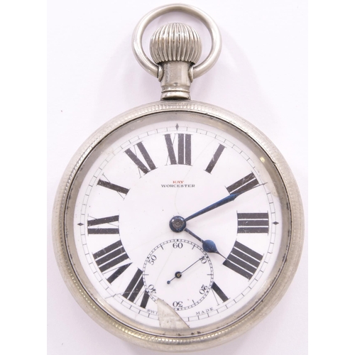 329 - Pocket watch, GWR 3987, Kays of Worcester on the face, with second hand dial, chip at the base of th... 