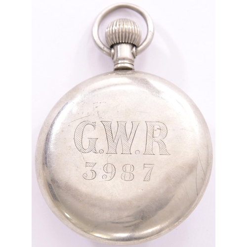 329 - Pocket watch, GWR 3987, Kays of Worcester on the face, with second hand dial, chip at the base of th... 