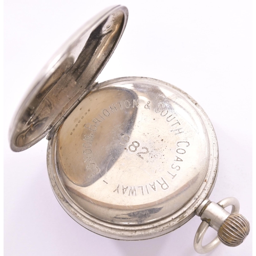 332 - Pocket watch, LBSCR 982, by Omega, full company name engraved on the inner cover, the back engraved ... 