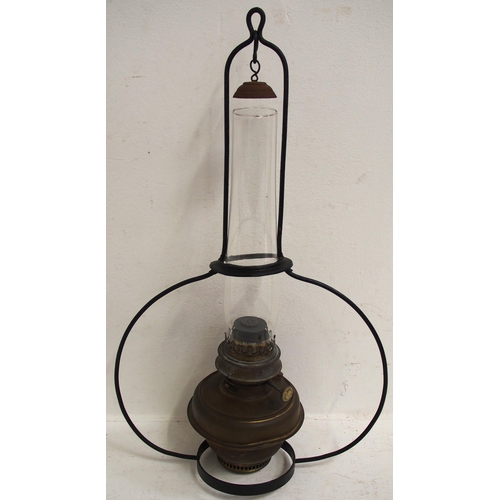 336 - Great Western Railway emergency signal box hanging lamp with harp,  soot shade and a later glass chi... 