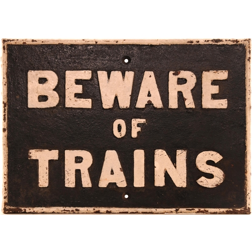 341 - GWR BEWARE OF TRAINS sign, cast iron, 20¼