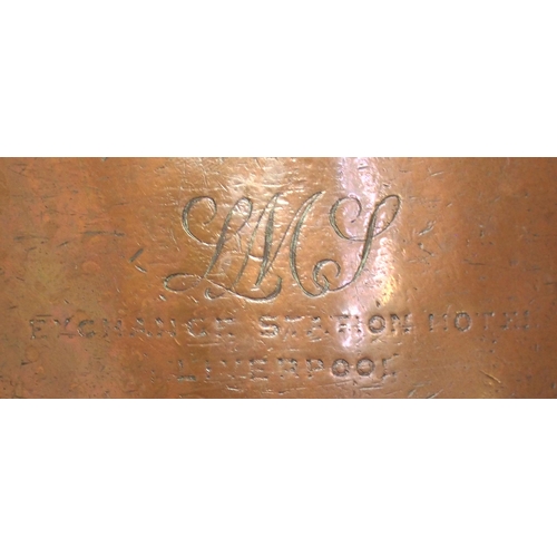 345 - Copper saucepan, LMS EXCHANGE STATION HOTEL LIVERPOOL, with additional plate, MUST NOT BE USED FOR S... 