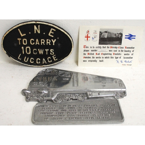 355 - BR Swindon Warship alloy plaque, D800,  No 2007 of 3000 with certificate, also an LNER cast iron bar... 