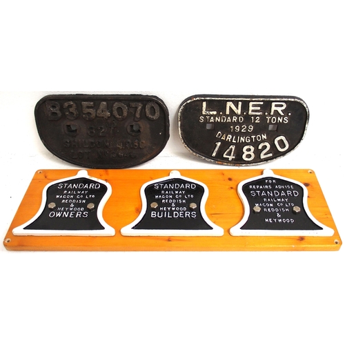 358 - Wagonplates, LNER Darlington, 12T, 1929, 14820, also BR, B354070 Shildon, 32T, 1968, and three mount... 