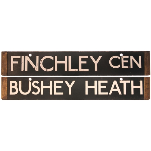 386 - LT cab plate, FINCHLEY CENTRAL-BUSHEY HEATH, enamel, brass ends, length 24½