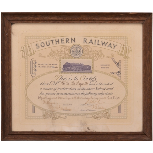 391 - SR signalling school certificate, Exeter Central, 1935, original frame, overall 14¼