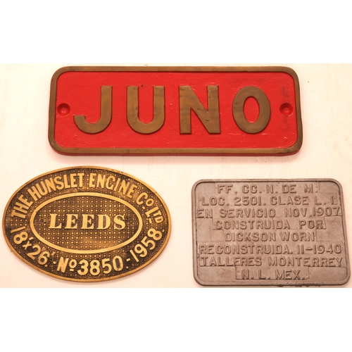 420 - Reproduction nameplate, JUNO, (fibreglass), with matching Hunslet worksplate, undrilled, and a furth... 