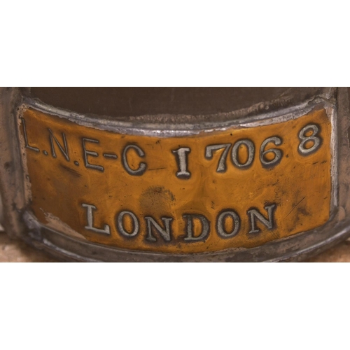 427 - LNER-C handlamp, stamped with initials, plated LNER-C LONDON, lacks interior, short rear handle.