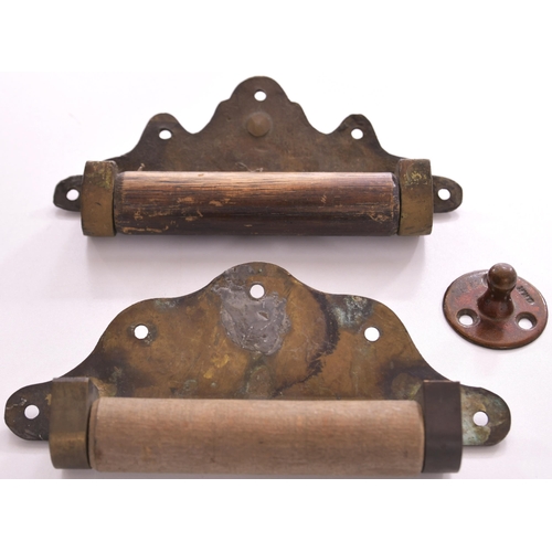 452 - SECR window strap rollers, brass/wood, ex Isle of Wight stock + GWR blind holder, stamped GWR. (3)