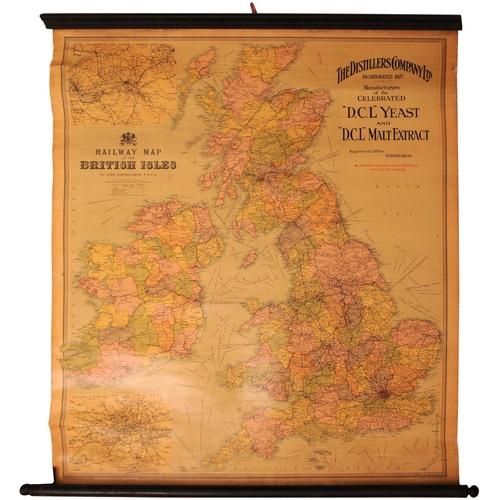 480 - Distillers Railway Map, early 20th century, glazed linen with wooden rollers, shows the company's di... 