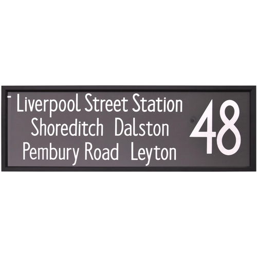 495 - LT framed bus blind, 48, LIVERPOOL ST STATION, SHOREDITCH, DALSTON, PENBURY RD, LEYTON, 43¼