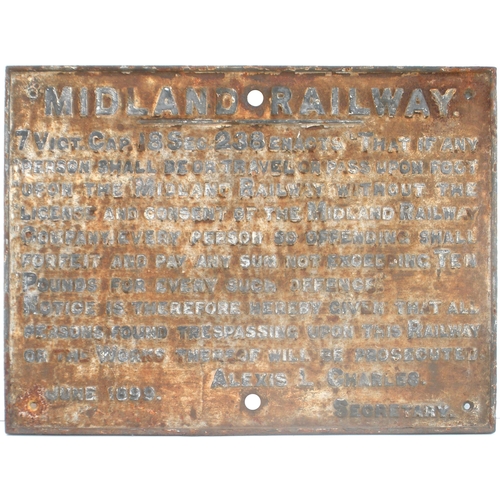 518 - Midland Railway trespass notice, cast iron, 26¾