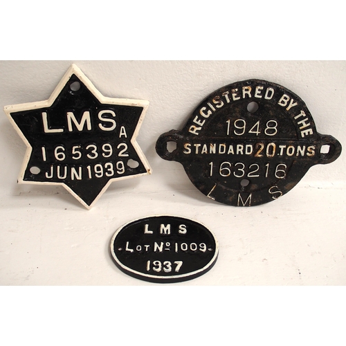 57 - Wagonplates, LMS star, 165392A 1939, also registration 20T, 163216, 1948  and LMS BUILDERS 1937. (3)... 