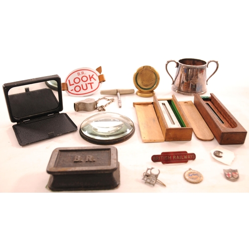 591 - GWR and BR, small Items, inspection mirror, BR paperweight, GWR sugar bowl, lens, armband, badge, et... 