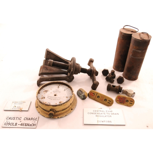 595 - Box including clamp, gauge (poor), detonator cans, lever plates, guard's whistle, etc.