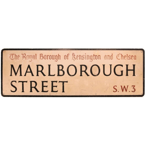 77 - Street sign, Royal Borough of Kensington and Chelsea, MARLBOROUGH STREET SW3, red title screen print... 