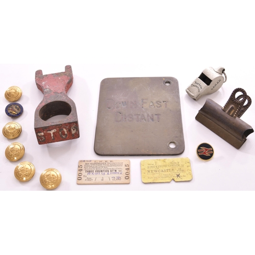 93 - LNER whistle, MR lever plate Down Fast Distant, lever collar, LNER bulldog clip, LMS buttons (x5), p... 