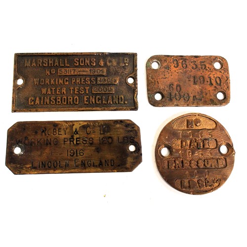 54 - Collection of brass boiler pressure plates - Robey & Co Ltd Lincoln 1916, Marshall & Sons plus two o... 