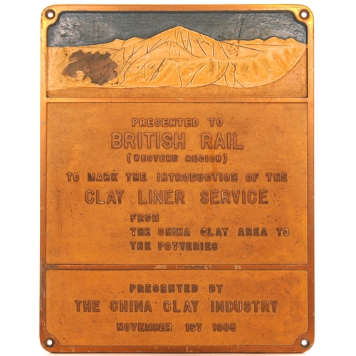 640 - China Clay plaque, BR(W), introduction of Clay Liner Service to The Potteries, 1985, cast brass, 12