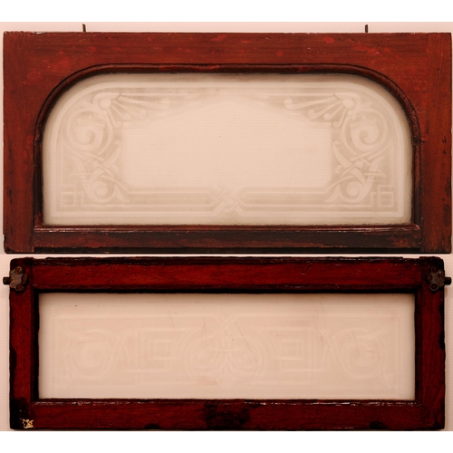 653 - Etched glass panels from pre-group carriages, with original wood surrounds, each with decoration, (a... 