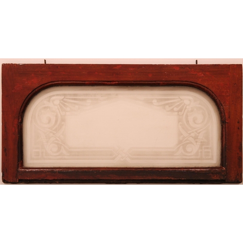 653 - Etched glass panels from pre-group carriages, with original wood surrounds, each with decoration, (a... 