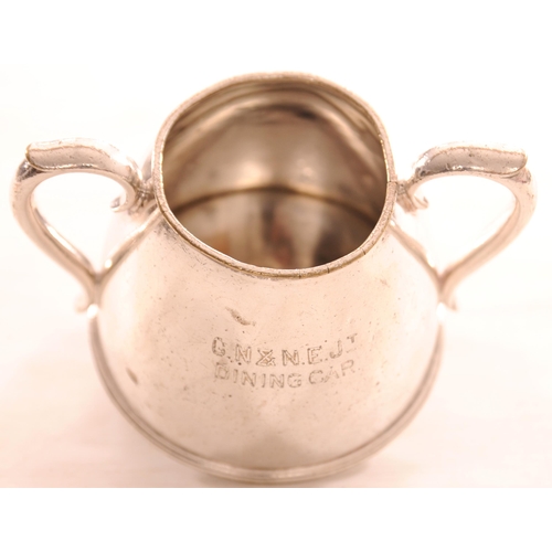 667 - GN&NE Dining Car sugar bowl, by Carringtons, silver plate, base diameter 4