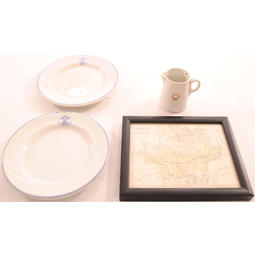 676 - China, G&SWR teaplates, one cracked, one with rim chip, SR milk jug lacking lid and framed map, HERT... 