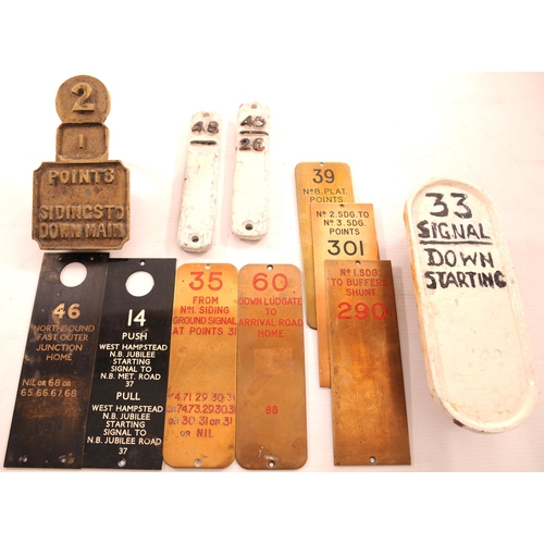 689 - Signal lever plates, including Stevens points/sidings, additional plate above, brass examples includ... 