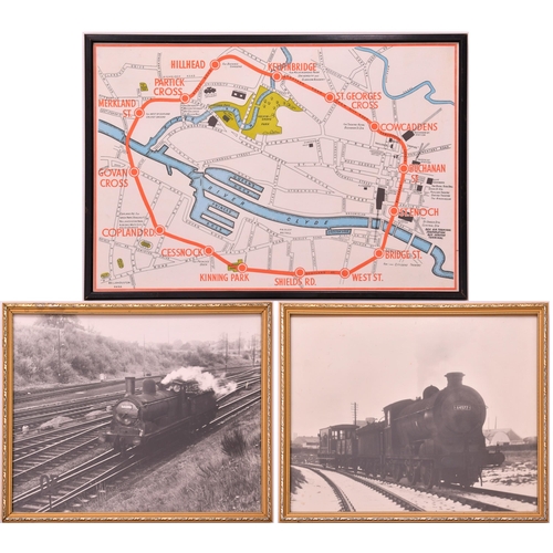 696 - Glasgow Subway carriage map print and framed photos. (3).