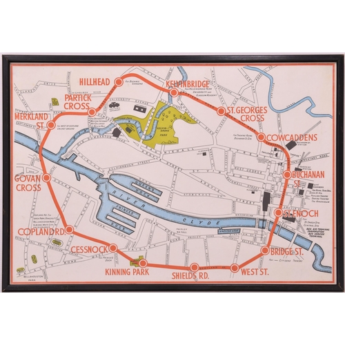 696 - Glasgow Subway carriage map print and framed photos. (3).