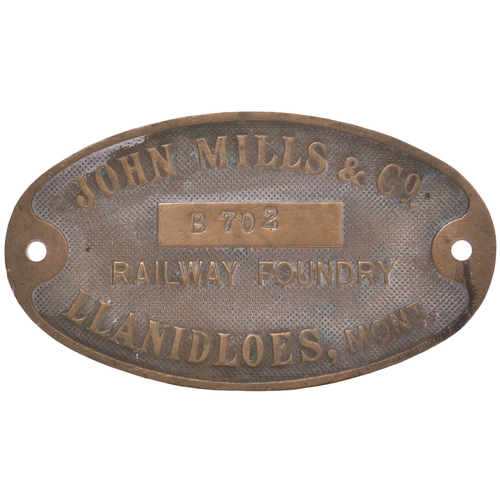 706 - Builders plate, JOHN MILLS RAILWAY FOUNDRY, LLANDILOES, B702, cast brass, 7