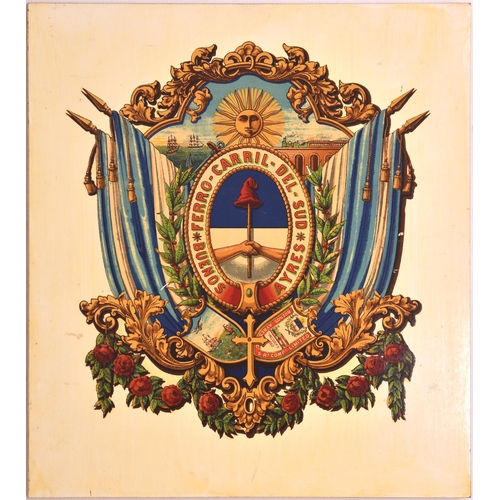 714 - Buenos Aries Southern Railway coat of arms, mounted on board, an ornate design, overall 17