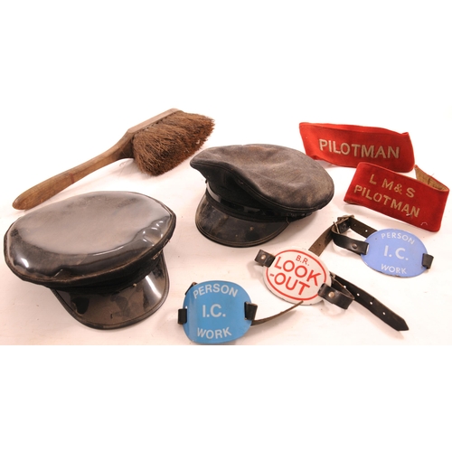 717 - Greasetop cap and another, armbands + LNER brush, a variety. (8)