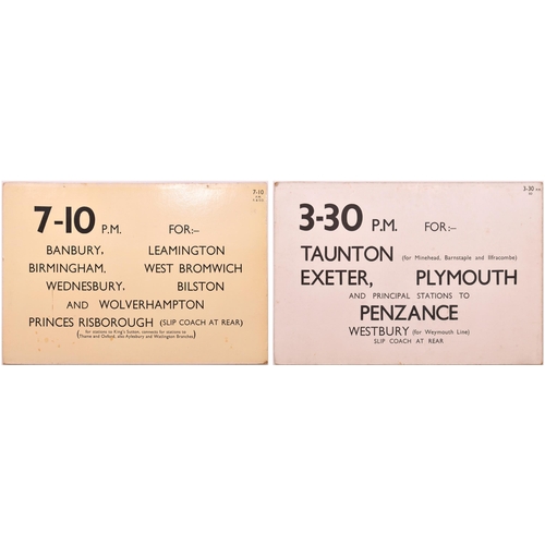 718 - Paddington departure cards, 3.30 Penzance + 7.10 Wolverhampton, includes slip coaches at Westbury (f... 