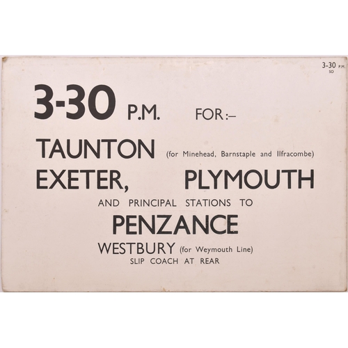 718 - Paddington departure cards, 3.30 Penzance + 7.10 Wolverhampton, includes slip coaches at Westbury (f... 