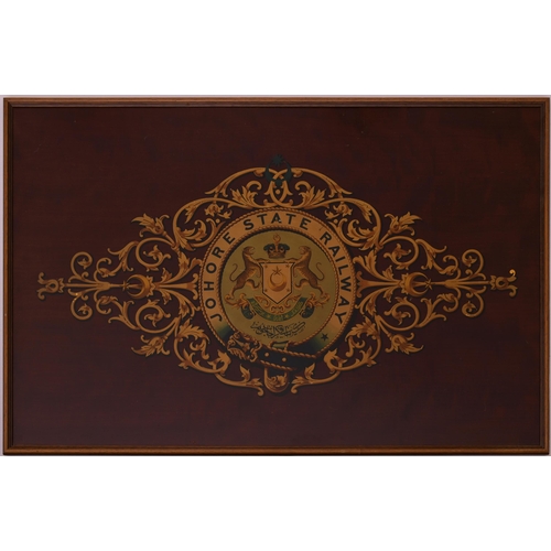 727 - Coat of arms, Johore State Railway, Malaysia, mounted on board with frame, 30