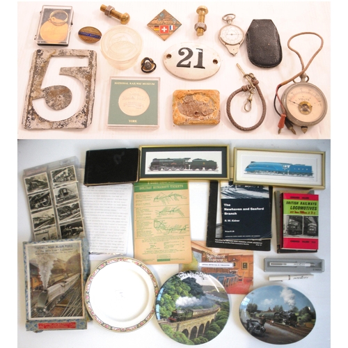 746 - Variety box, including LNER WWII badge, voltmeter and 21 china number, LMS NCC soap (degraded), jigs... 