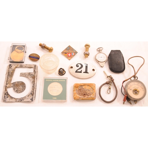 746 - Variety box, including LNER WWII badge, voltmeter and 21 china number, LMS NCC soap (degraded), jigs... 