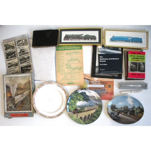 746 - Variety box, including LNER WWII badge, voltmeter and 21 china number, LMS NCC soap (degraded), jigs... 