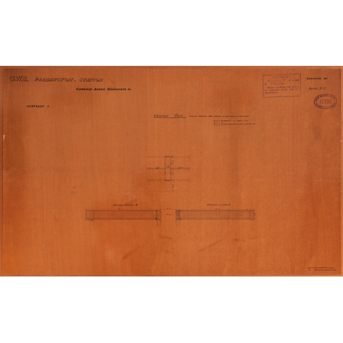 756 - GWR drawings, Paddington Station Carriage Sheds and Workshops, detail of roof girders and roof, hand... 