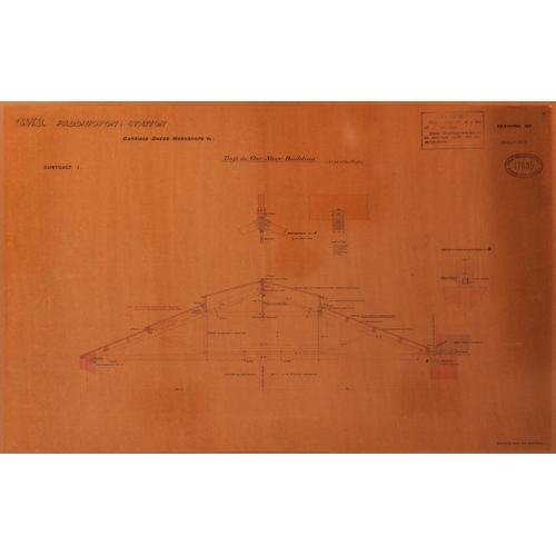 756 - GWR drawings, Paddington Station Carriage Sheds and Workshops, detail of roof girders and roof, hand... 