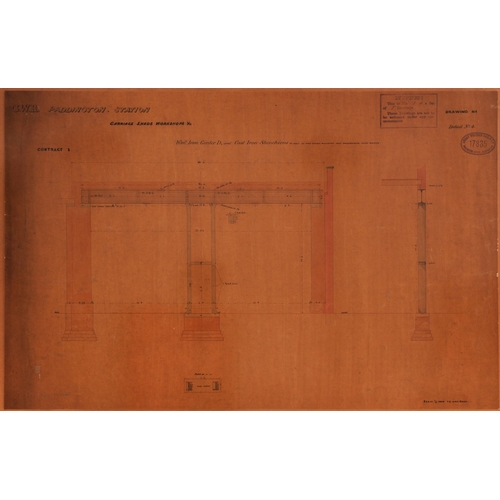 756 - GWR drawings, Paddington Station Carriage Sheds and Workshops, detail of roof girders and roof, hand... 