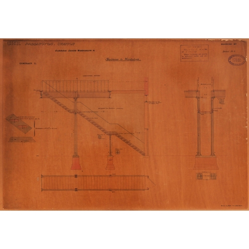 756 - GWR drawings, Paddington Station Carriage Sheds and Workshops, detail of roof girders and roof, hand... 